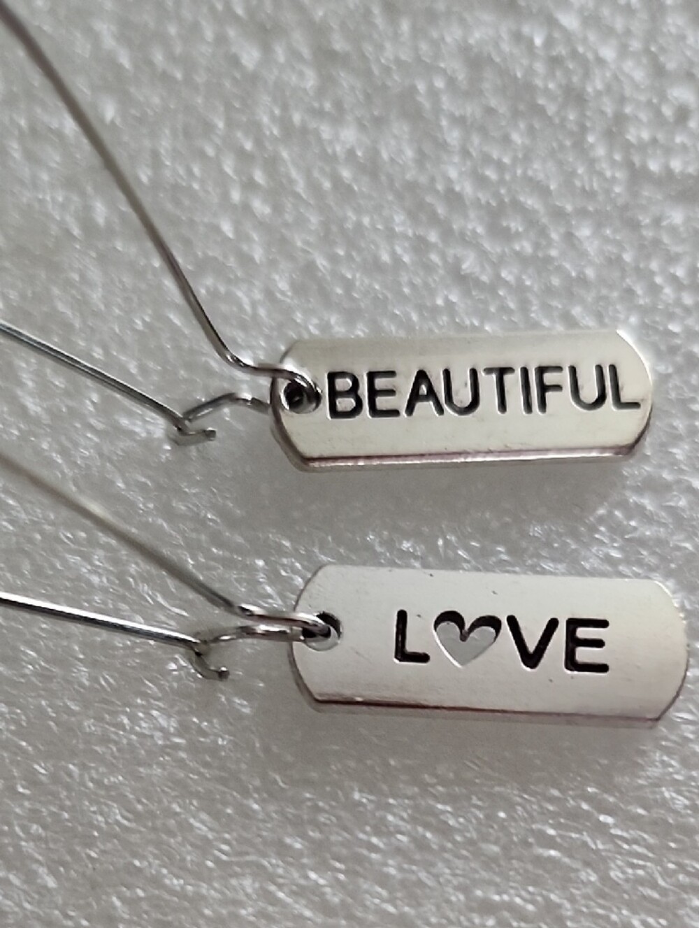 Hand Crafted Silver Tag Earrings with 'BEAUTIFUL' and Heart 'LOVE'